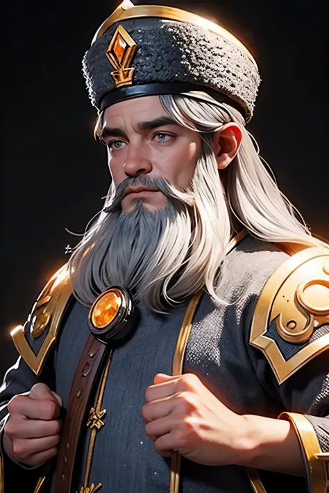 dwarf scholar man with silver hair and beard and amber eyes in well made clothes and a feathered hat