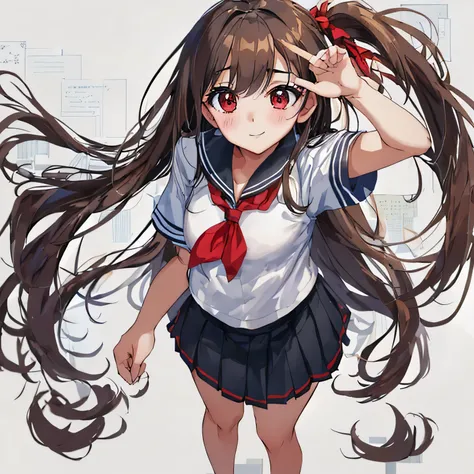 Are standing , whole body , after that,masterpiece, highest quality,shape,sailor suit,slanted eyes,straight hair,brown hair,side parted,super dense skin,surprised,beautiful and detailed eyes,short sleeve shirt,Breaking red eyes,high school girl,smile,pleat...