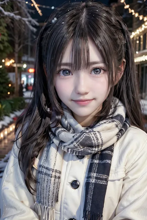 (A close-up of one girl is、Has long hair with dull bangs in a winter uniform and scarf coat:1.5)、(One girl with a shy smile:1.5)、(Snowy winter night street corner with Christmas lights:1.5)、(perfect anatomy:1.3)、(no mask:1.3)、(full finger:1.3)、realistic、ph...