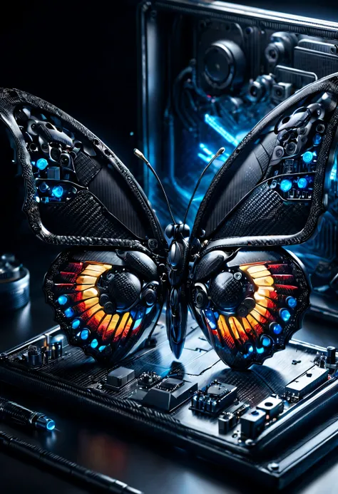 Butterfly made of electronic components，Inside the chassis，eat ingredients，With flash and LED light。，ultra high definition，lifelike，bright colors，Very detailed，ultra high definition绘图，Ink，perfect composition，Beautiful and detailed on artstation、complex、Cra...