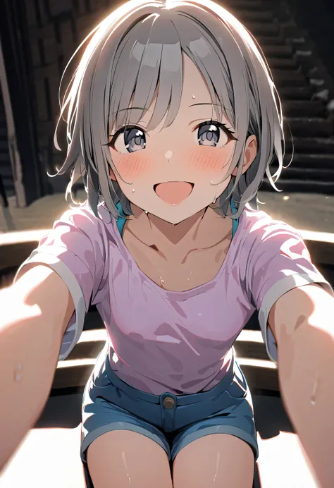 1girl otokura_yuuki idolmaster_Cinderella_girls arm_support bare_Youth_shorts blurry blurry_Background Blush Bottle Bracelet Gray_hair grey_Eyes open_Mouth hair_ornament holding holding_looking for bottle jewelry_in_beholder_to_of_side view outdoor person々...