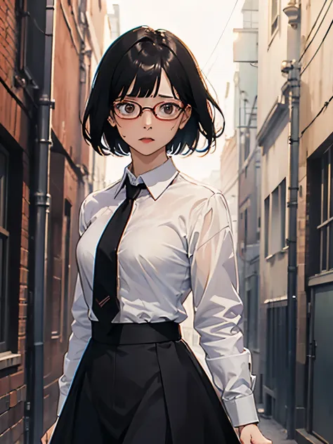 { masterpiece: best quality } { horror theme } { background = back alley : night : dark } { Character = Dahyun : fit body : short dark bob hair with smart bangs : wearing glasses : white collar shirt : red tie : black skirt : terrified : assaulted : harras...