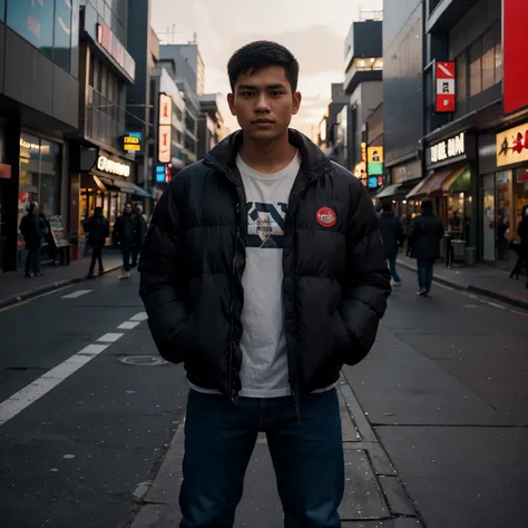 A Indonesian man (20 years old, round and clean face, brown skin, wearing a big  black puffer jacket, jeans) standing posing like a model, shinjuku street, photo slightly tilted to the side, face visible, night atmosphere, minimal lighting, sunset light, u...