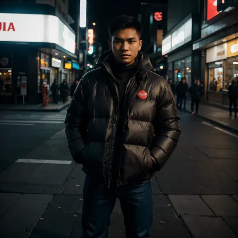 A Indonesian man (20 years old, round and clean face, brown skin, wearing a big  black puffer jacket, jeans) standing posing like a model, shinjuku street, photo slightly tilted to the side, face visible, night atmosphere, minimal lighting, sunset light, u...