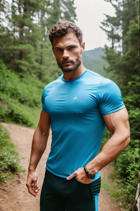 masterpiece (Man in hiking suit),(blue eyes) (Portrait) attractive and serious appearance, dark brown hair, Stylish and elegant, and a strong body T-shirt, A man similar to actor Jamie Dornan, (High-quality, realistic images), in gym, ((Best Quality, 8K, ​...