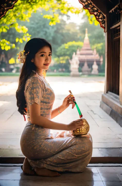 create a landscape image of Shwedagon pagoda, with a beautiful Myanmar young woman wearing traditional myanmar attire and Pathein umbrella in hand,feminine posture,graceful movements  
 full body , long shot, wide angle photography, square of Shwedagon pag...