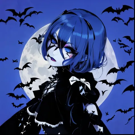 Gothic girl, moon, Blue background, bats, spiders, gothic make-up 