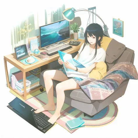 anime image of a woman sitting in a chair with a laptop and a cat, relaxing concept art, relaxing after a hard day, makoto shinkai!!, yama no susume, makoto shinkai!, makoto shinkai art style, in a comfy house, afternoon hangout, kantai collection style, m...