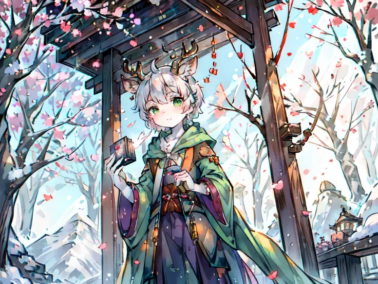 ink style，a white deer，antlers，Plum tree，Plum petals，plum blossom branch，Stand by the tree，Green shirt，long cloak，Flowing cloak，Cute Shota，green eyes，mitigate，Orange trees，The trees are full of oranges，There is a book next to you，Mountain，white hair，Purple...