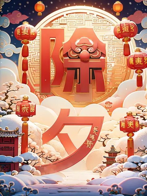 (chinese new year:1.5)，gold，(red)，(3d model:1.2)，festive，firecracker，(lantern)，chinese dragon，chinese architecture，on the ground...