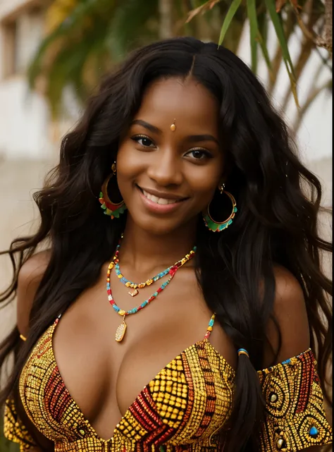 A beautiful African woman, 20 years old, blue eyes, smiling slightly, long hair, colorful clothes, wearing necklaces, earrings, accessories, big breasts, and a colorful dress with a half-open neckline. sensual look, long hair.