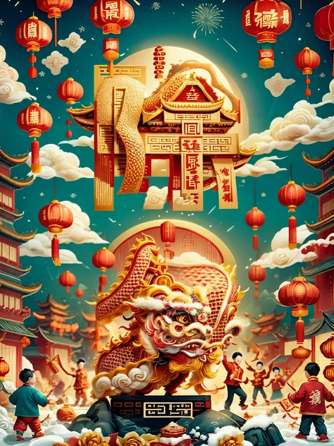 (chinese new year:1.5)，gold，(red)，(3d model:1.2)，festive，firecracker，(lantern)，chinese architecture，on the ground，winter，(snow)，...