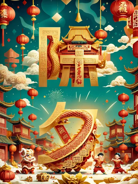 (chinese new year:1.5)，gold，(red)，(3d model:1.2)，festive，firecracker，(lantern)，chinese architecture，on the ground，winter，(snow)，...