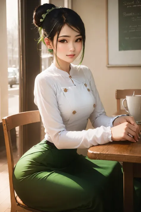 portrait of a stunning young woman with a stylish hair bun, captivating gaze, and a warm atmosphere of a cozy coffee shop, reali...