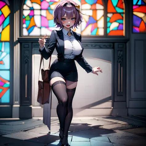 (Satori toho character:1.1), (solo), (standing), (stained glass), BREAK, short hair, (large perky breasts), (inconceivably short torso), (inconceivably thin waist:1.2), (very long legs), BREAK, (black blazer:1.3), (black thighhighs:1.35), (very short black...