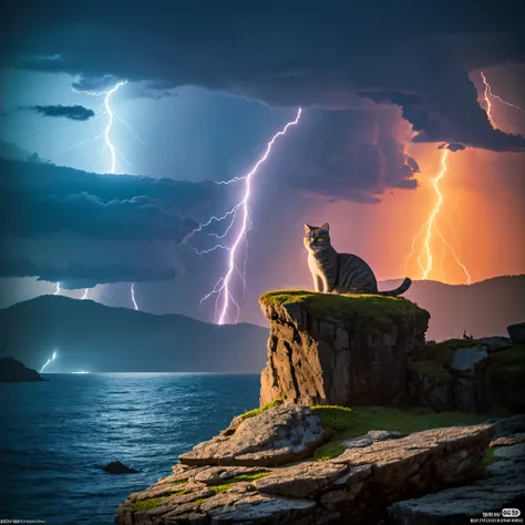 Big Buddha Cat、have sharp blue eyes、A majestic cat that shoots lightning, ((mythical lightning cat)),_ ((unique creatures: Cat emitting thunder))_, (Standing on a rocky cliff overlooking a stormy sea_,), (Bravely resisting the raging elements_,)_ (Has a fi...