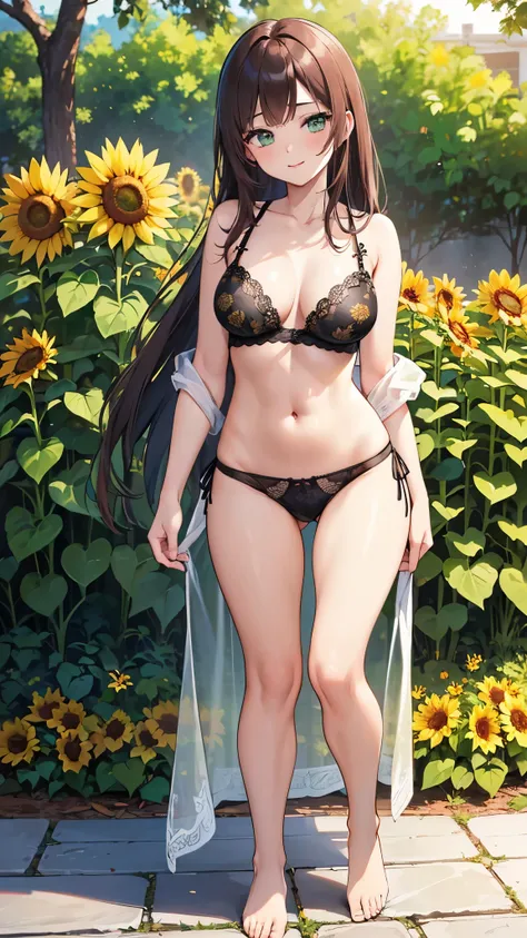 ((masterpiece)), ((best quality)), ((highest quality)), ((ultra-detailed)), ((8k cg wallpaper)), ((an extremely delicate and beautiful)), detailed face, detailed eyes, ((in a garden with sunflower an roses)), 1woman, (((mature female))), ((mature lady)) pi...