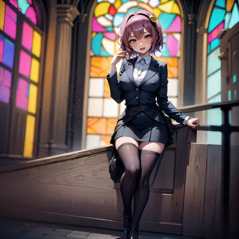 (satori toho character:1.1), (solo), (standing), (stained glass), break, short hair, large perky breasts, (inconceivably short t...