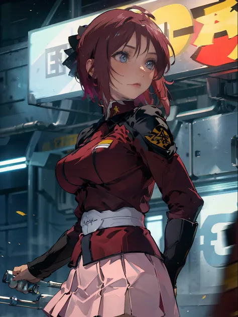 ((masterpiece)), ((best quality)), ((ultra detailed)), 8K, 16K, detailed beautiful face, detailed beautiful eyes, sl1, 1girl, short hair, red hair, ahoge, long sleeves, military uniform, pink skirt, large breasts, expressionless, fighting stance, laborator...