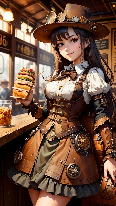 steampunkai。highest quality。masterpiece。detailed details。one girl。High school girl in steampunk style。eat a sandwich at a food stall。Eat deliciously。smile。The background is the deepest part of a steampunk-style wooden labyrinth.。