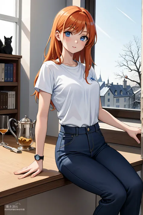 chef-d&#39;artwork, best quality ,1fille, rousse, yeux bleus, look on the couch, sun through the window, neige dehors, Library, Pantalon noir, t-shirt blanc