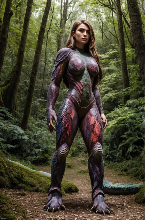 raw photo, a full body photo of anthro dragon  woman, standing in the forest, ((detailed scales , realistic scales, claws:1.3)),...