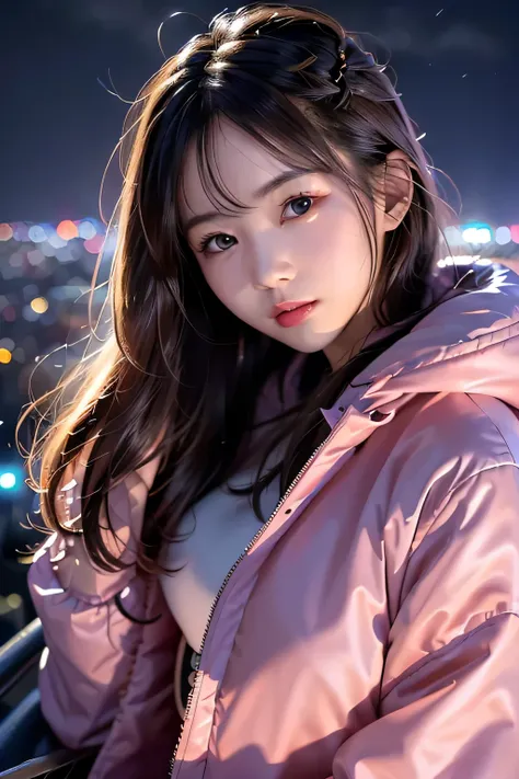 1 girl、((Upper shot close-up))、((flying above clouds))、 masterpiece, , 8K, Super detailed, 、because I&#39;thin、flat body、cute、 hair blowing in the wind、The city below shines with neon lights、((Down jacket for cold weather))、(((night))),cast a shadow、look u...