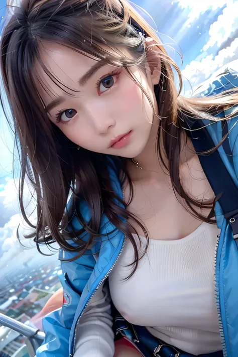 1 girl、((Upper shot close-up))、((flying above clouds))、 masterpiece, , 8K, Super detailed, 、because I&#39;thin、flat body、cute、 hair blowing in the wind、city below、((Down jacket for cold weather))、,cast a shadow、look up、rainbow、((rain))