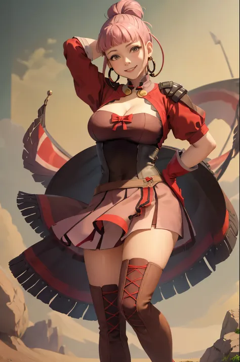 (masterpiece, best quality:1.2), solo, 1girl, hildahopes, smile, looking at viewer, hair bun, ponytail, dress, red gloves, boots, hoop earrings, cleavage, (hands behind head)