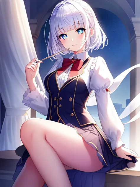 detectivelunch break, Smile, short hair, Bangs, blue eyes, shirt, hair accessories, long sleeves, skirt, bow, white hair, hairpin, blunt Bangs, bowtie, red bow, x hair accessories, red bowtie, lunch break, (medium bust:1.2), rest looking at viewer, rest ou...