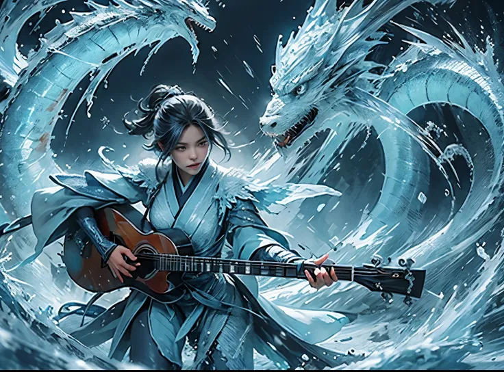 (((1girll)))，Imperial water，A girl playing guitar ，（Loose dress：1.5），（Perfect facial features：1.4），（Blue silk robe），（Mysterious magic formations：1.2），((ice Dragon))，（Ice crystal scales），Blue glow，（Frost wings），Powerful ice magic，Icicles，Towering over the l...