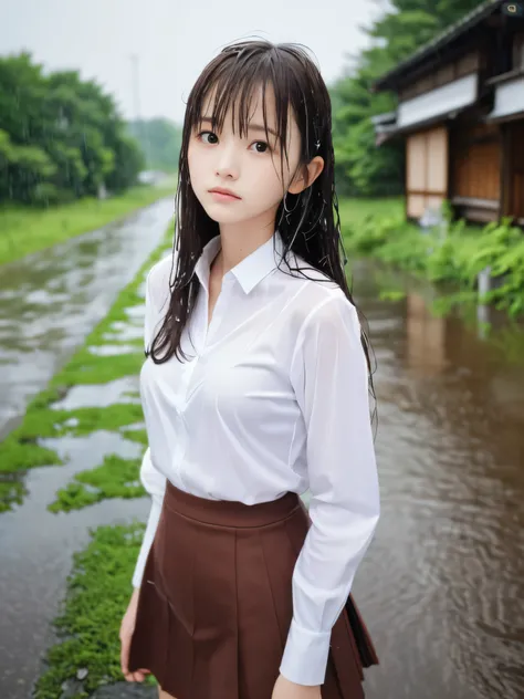 (Close-up portrait of a girl with long brown hair with bangs and a slender half-length in a shirt and skirt :1.5)、(A girl has wet hair and a wet face on a country road in Japan:1.5)、(Heavy rainy days:1.5)、(blurred background:1.5)、(perfect anatomy:1.5)、pho...