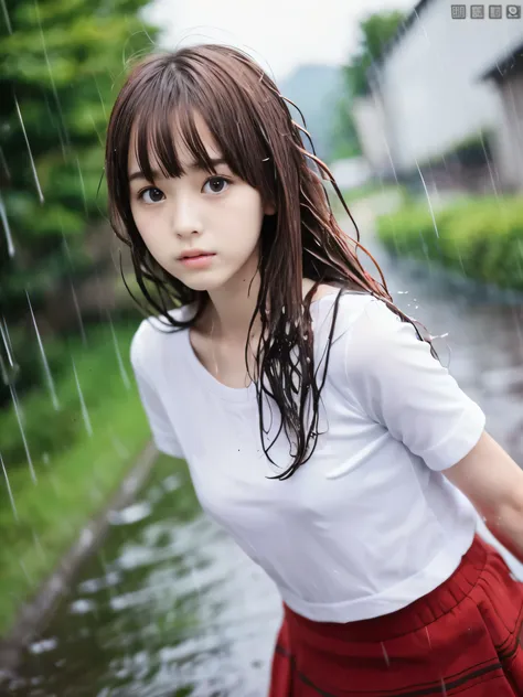 (close-up portrait of slender small-breasted red-brown long wavy hair with blunt bangs dressed in shirt and skirt :1.5)、(a girl ...