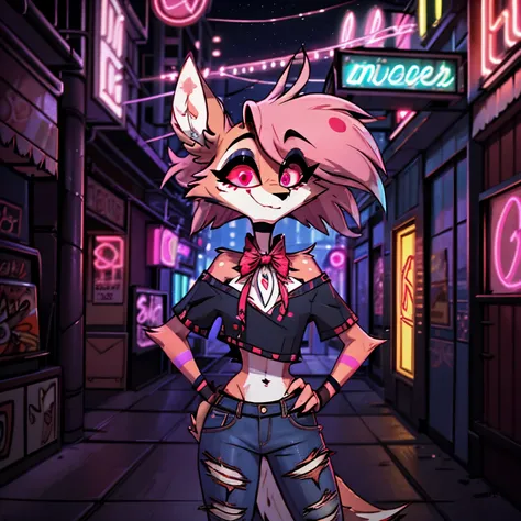 In the solitary realm of Hazbin Hotel, a feminine deer and wolf hybrid demon captivates with her unique presence. With a color pattern that blends earthy tones and vibrant hues, she combines the elegance of a deer with the fierce allure of a wolf. Embracin...