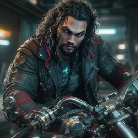 half body image, a photo of Jason Momoa as Lobo from DC comics, ((((ghostly pale skin)))), (((red eyes))), on space sci-fi cyberpunk motorcycle, Intricate, High Detail, Sharp focus, dramatic, photorealistic digital art, photo-realistic, octane render, unre...