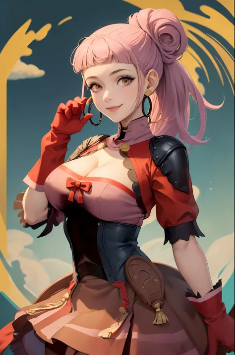 (masterpiece, best quality:1.2), solo, 1girl, hildahopes, smile, looking at viewer, hair bun, ponytail, dress, red gloves, hoop earrings, cleavage, (cowboy shot), (upper body)