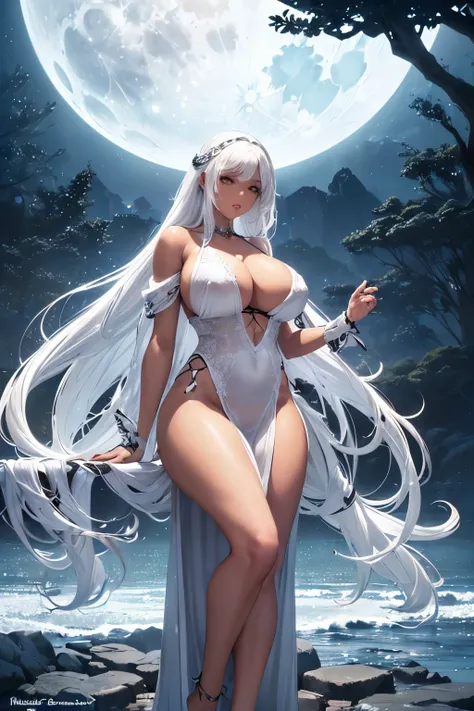 A black-skinned girl with white hair, on a night of a full moon by the sea, in Luis Royo style.
(NSFW, ((masutepiece)), ((Best Quality)), ((Ultra-detailed)), (Stunning, voluptuous figure), (Ravishing, curvaceous body), (Moonlit scene),
(Shimmering, ebony s...