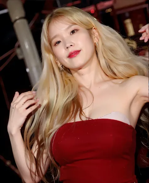 a close up of a woman in a red dress posing for a picture, lalisa manobal, lalisa manoban of blackpink, roseanne park of blackpink, beautiful south korean woman, with long blond hair, heonhwa choe, gorgeous young korean woman, long blonde hair and big eyes...