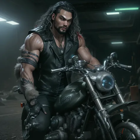 Full body image, a photo of Jason Momoa as Lobo from DC comics, muscular, ((((ghostly pale skin)))), (((red eyes))), sleeveless black biker vest, riding space sci-fi cyberpunk motorcycle, Intricate, High Detail, Sharp focus, dramatic, photorealistic digita...