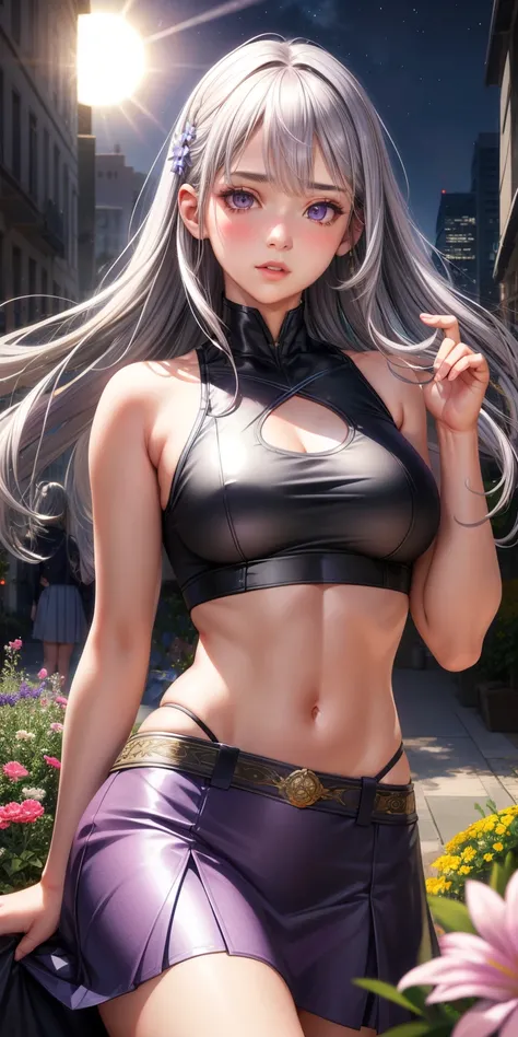 realistic, 1 girl, gray hair, purple eyes, shining eyes, crop top, skirt, parted lips, blush, night, flowers, sun, sunlight,