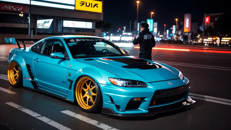 Create image of drift style tuned car driving at night through the streets of Tokyo