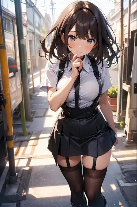 brown hair、looking at the viewer　　suspenders　　　Bulging big breasts　　 　 　　　　Black miniskirt　garter belt　knee high socks　　　　　　Gaze　　　small face　bangs 　　　　　Beauty　　hands up　　 　Gaze 　black boots 　provocation　　armpit sweat　one person 　　put your hands behind you...