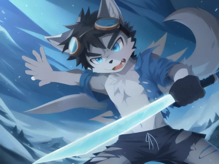 Furry shota, Young, wolf, black hair, long spiky ponytail, blue eyes, detailed body fur, ((torn clothes, blue hawaiian shirt, open clothes, black swim trunks, goggles)), masterpiece, looking at you, fangs, clear grey body fur, detailed face, big eyebrows, ...