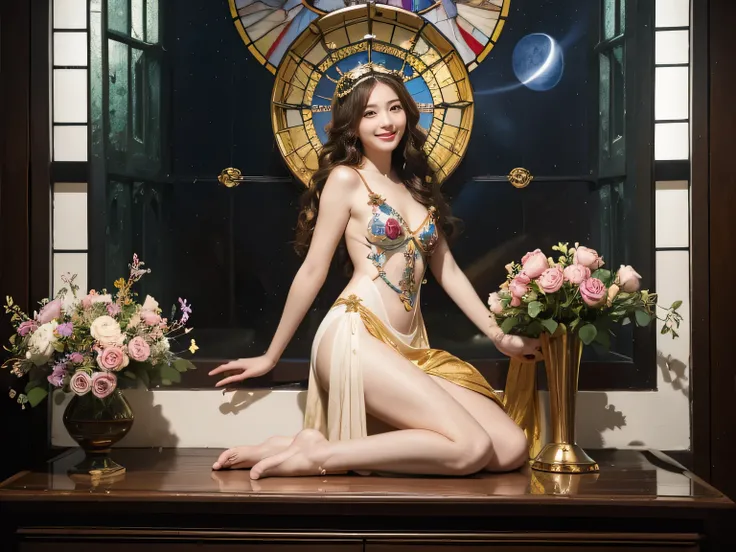 full body portrait or statue、Stained glass、Vigée Leblanc style、math、astronomical machine、astronaut、roses in vase、fruit、Cute trinkets、smile、ancient greek costume、Sandro Botticelli paintings、Costume that stretches your shoulders、A big smile、expression of ecs...