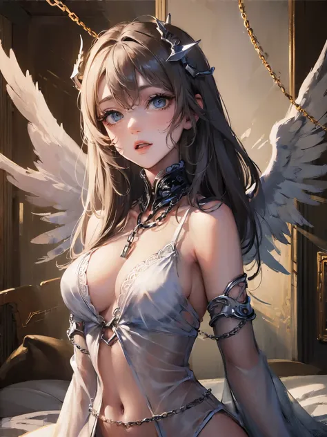 ((highest quality)),(ultra high resolution),(Super detailed),(detailed description),((best CG)),(best work of art),super precision art,great drawing art,(Fantasy art with precise details:1.5), (1 Female Angel:1.6),(beautiful and well-shaped face:1.5),small...