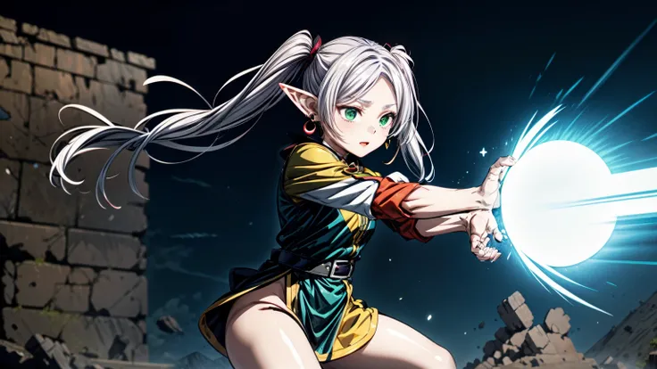 ((yomama_beam:1)),,beam pose (masterpiece:1, best quality:1,3)),1girl,solo,elf,white hair,grey hair,earrings,pointy ears,long hair,ponytail,green eyes,twintails,parted bangs,thick eyebrows,