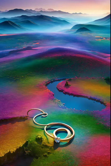 High image qualityhigh-resolution　fantasy　A landscape with a ring of colorful diamond grains surrounding the ring.