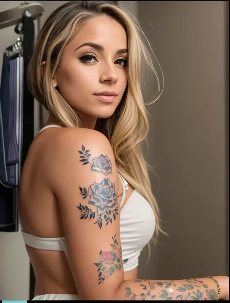 arafed woman with a tattoo on her arm and shoulder, tattoo sleeve on her right arm, tatuado, linda garota loira, com tatuagens, belo corpo e rosto detalhados, 🤤 retrato de , tatuagem no ombro, beleza de cair o queixo, tatuagem no ombro, linda garota modelo...