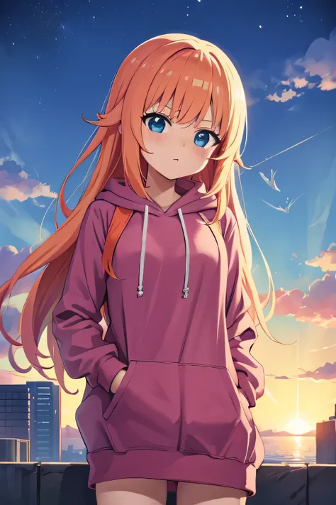 anime style、Have a game console、Standing picture、wearing a hoodie、woman、secondary elements、Vtuber、fantastic scenery