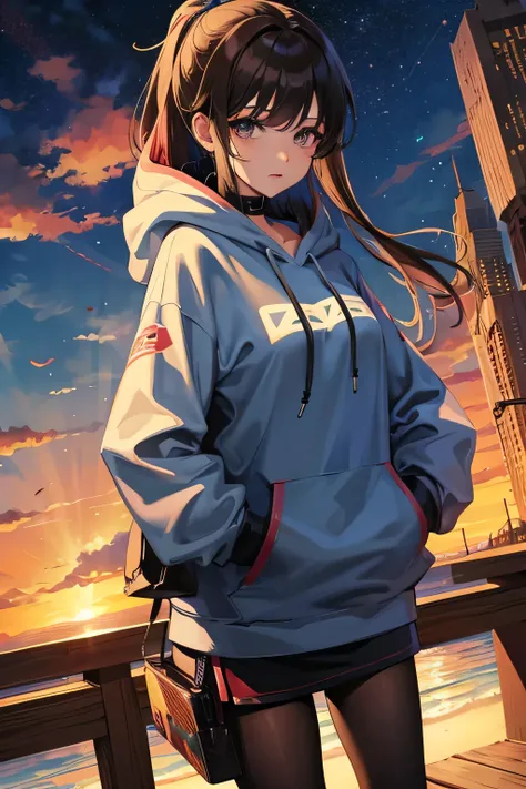 anime style、Have a game console、Standing picture、wearing a hoodie、woman、secondary elements、Vtuber、fantastic scenery